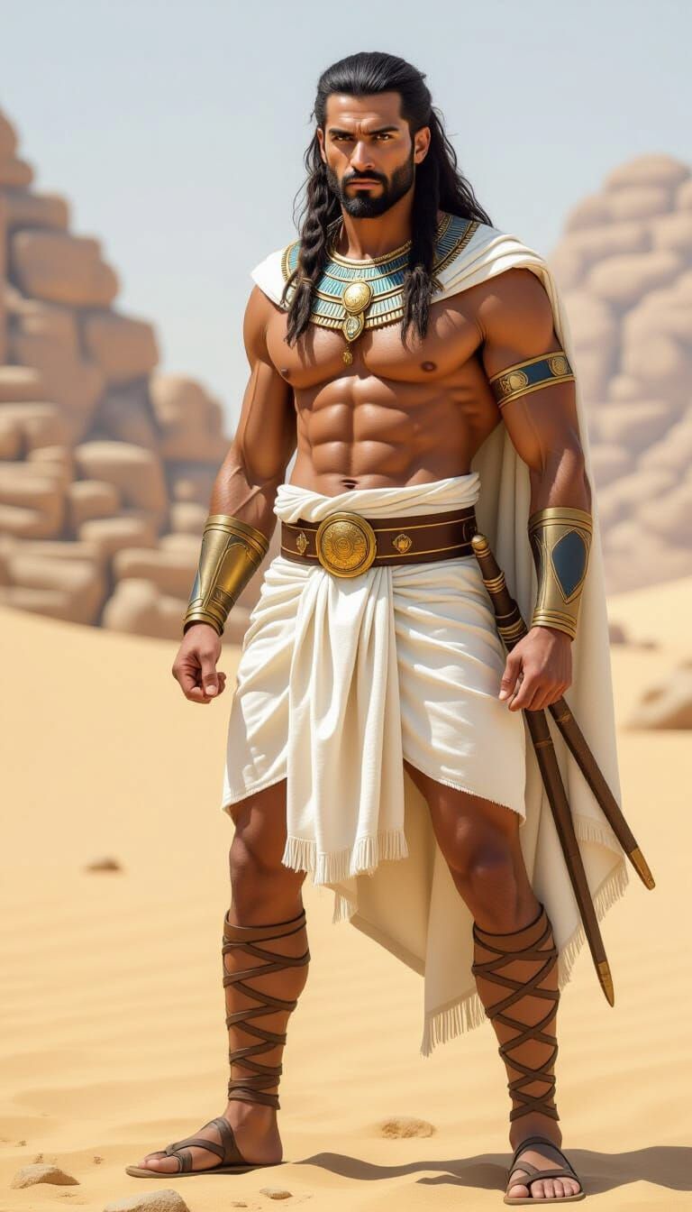 Muscular Ancient Egyptian Warrior in Desert