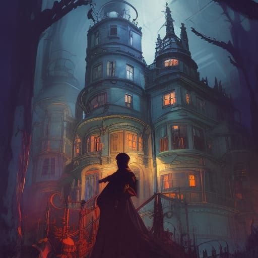Cyberpunk Victorian Mansion in Comic Book Style