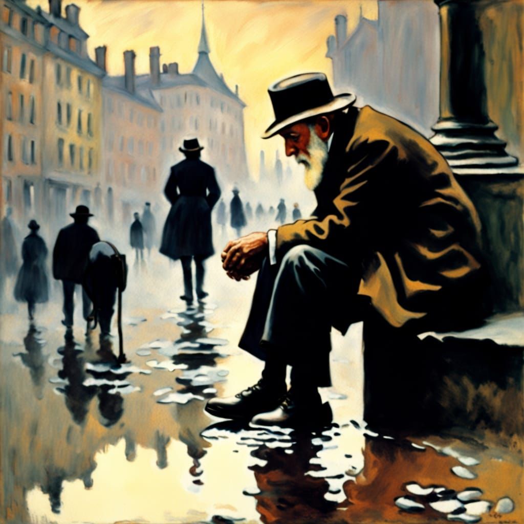 Lonely Homeless Man Contemplates Reflection in Puddle