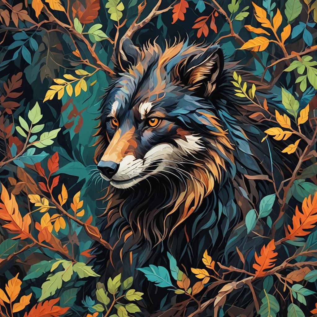 Fauvist Wolf with Impasto Fur and Foliage
