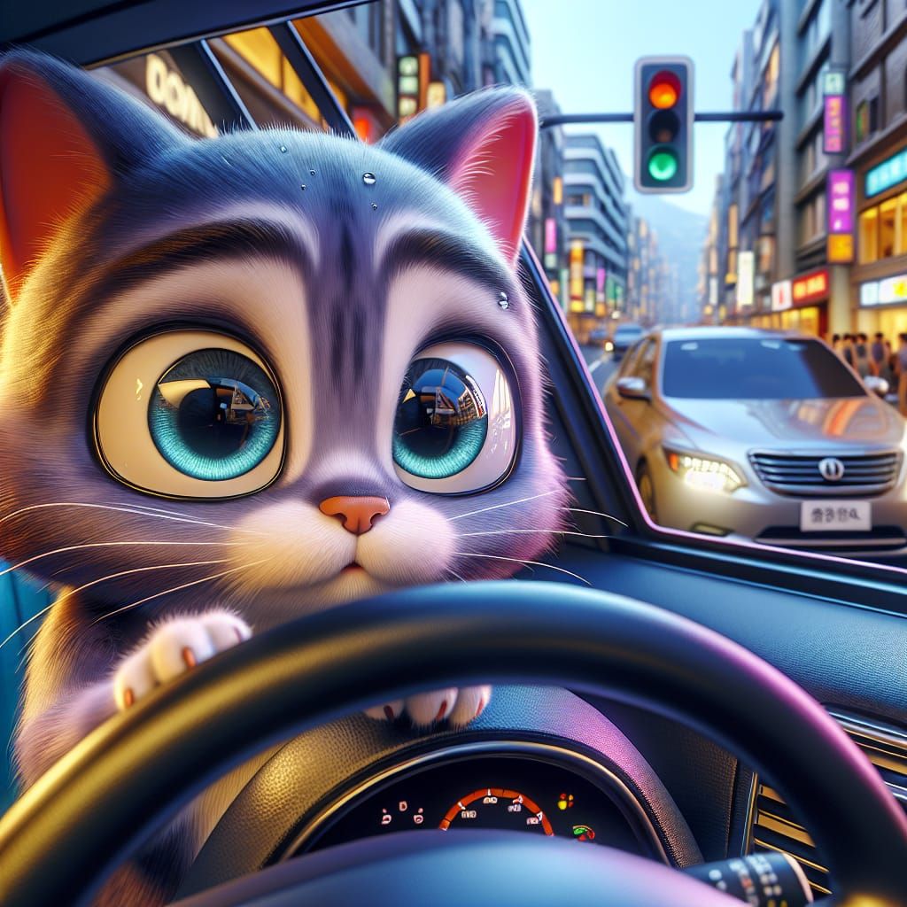 Cartoon Cat Driving Car in City Street