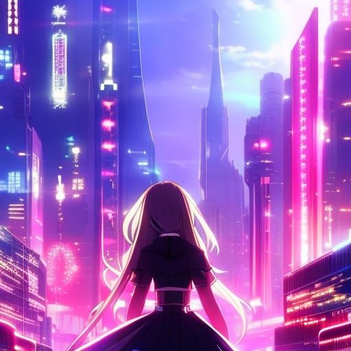 Neon Cyberpunk Cityscape with Manga Girl