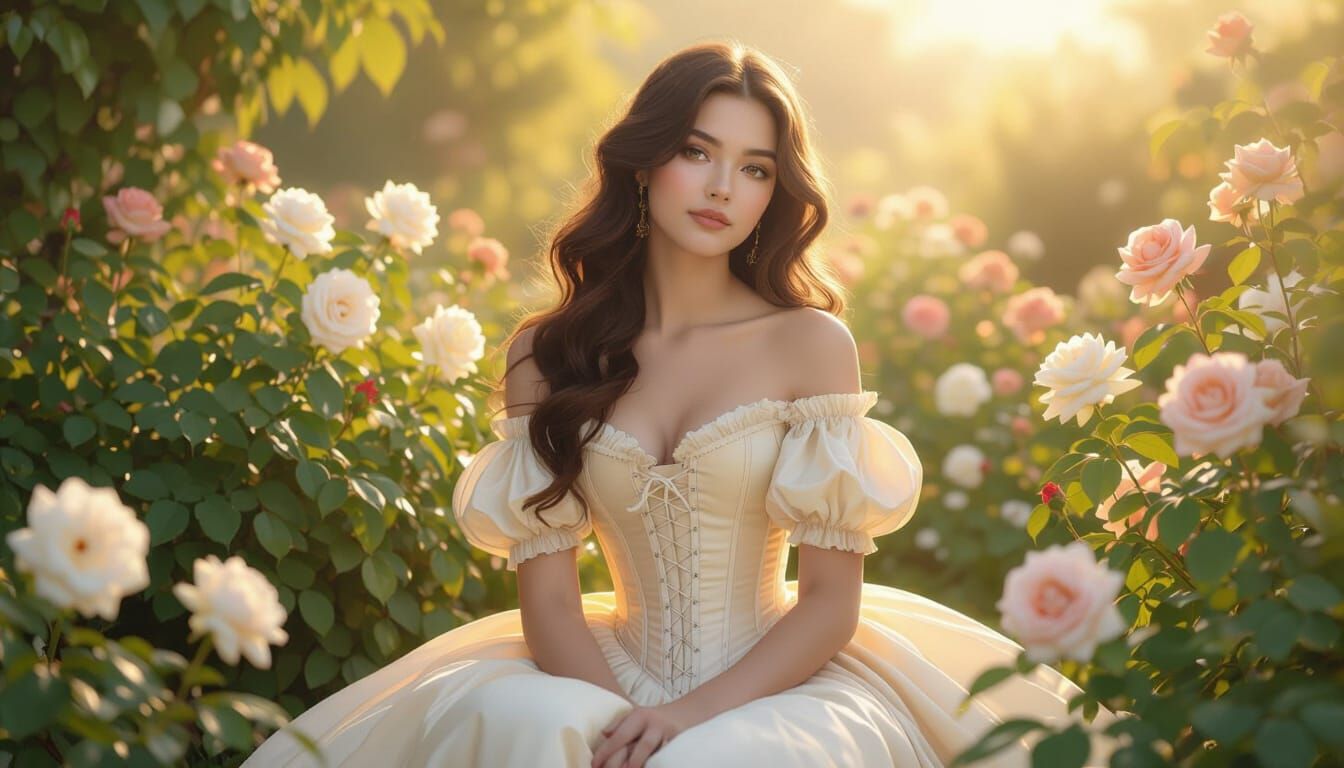 Elegant Woman in Rose Garden: Victorian Portrait