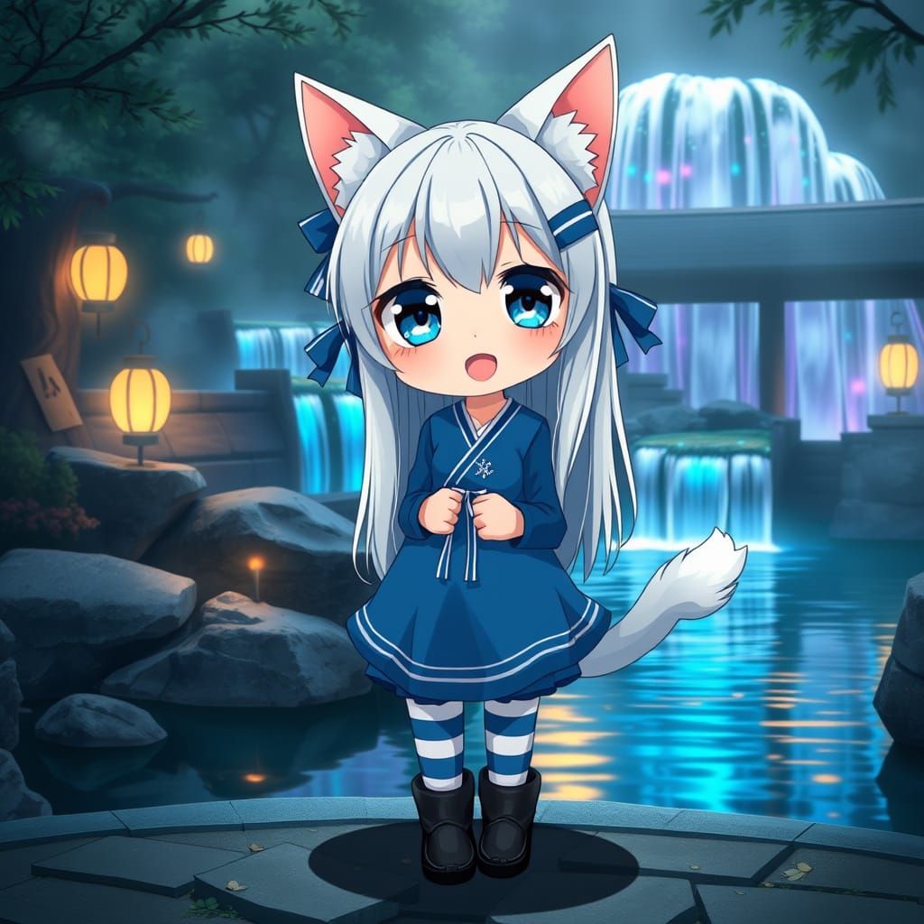 Whimsical Anime Catgirl in Zen Garden
