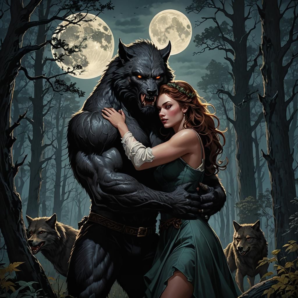 Woman Protected by Werewolf in Ominous Forest