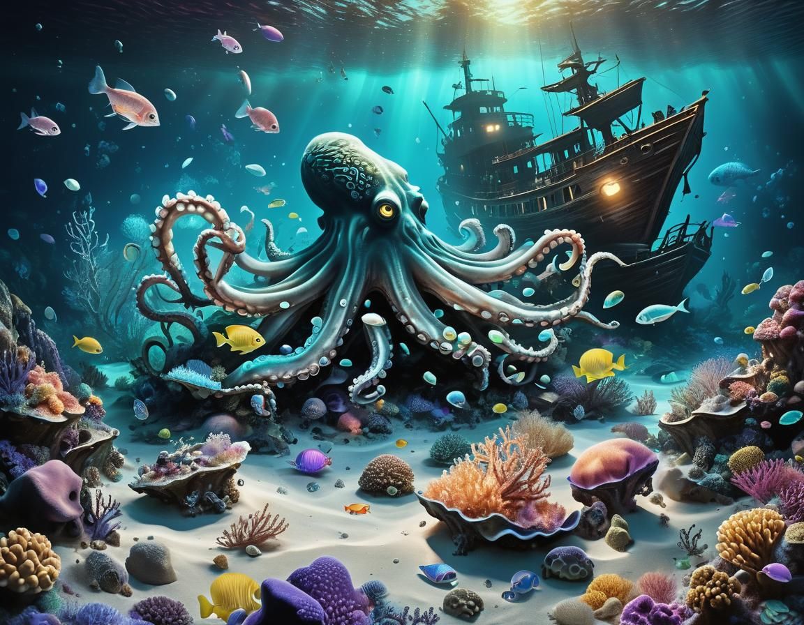 Bioluminescent Shipwreck Scene with Octopus, Surreal Underwa...