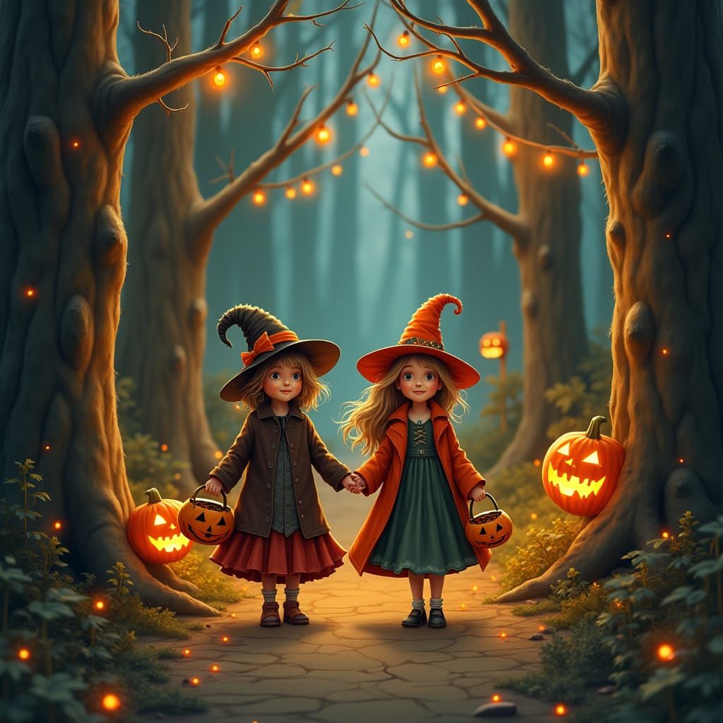 Halloween Adventure in Mystical Forest with Glowing Lights