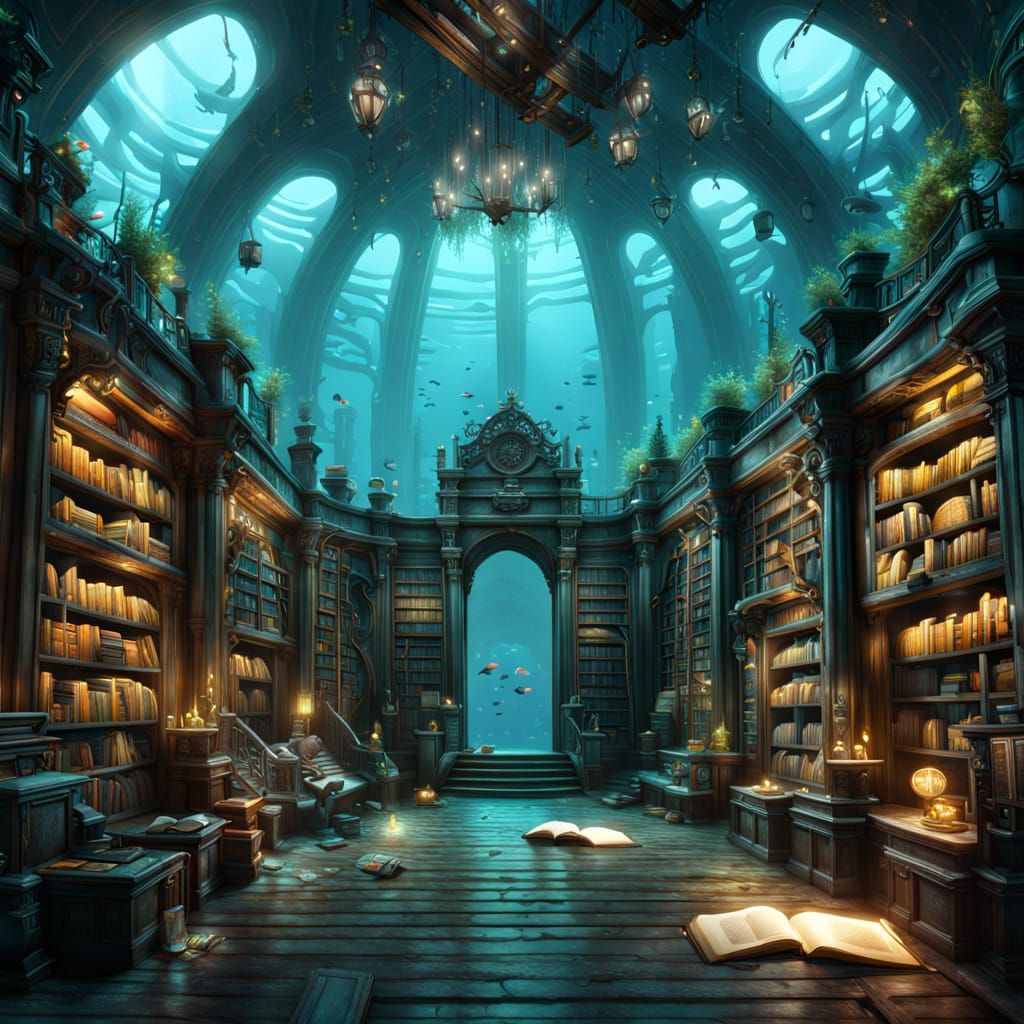 Fantastical Underwater Library as Detailed Matte Painting