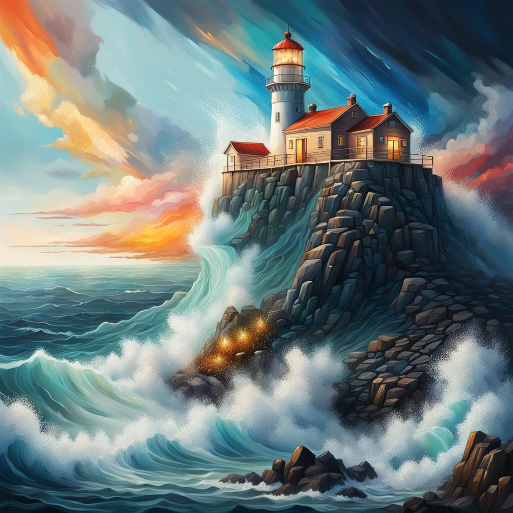 Hyperrealistic Lighthouse Guardian with Colorful Depth