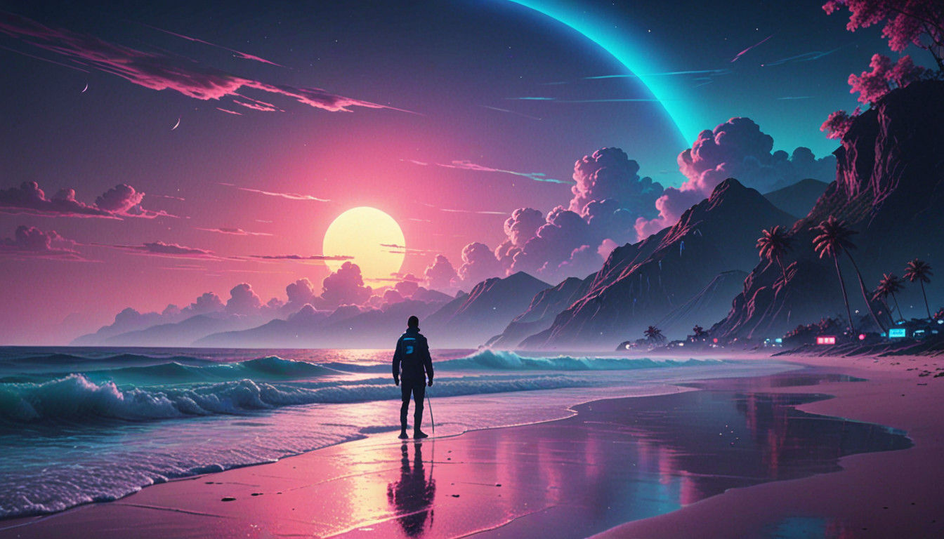 Electric Dreamscape: 80s Synthwave Sunrise over the Ocean
