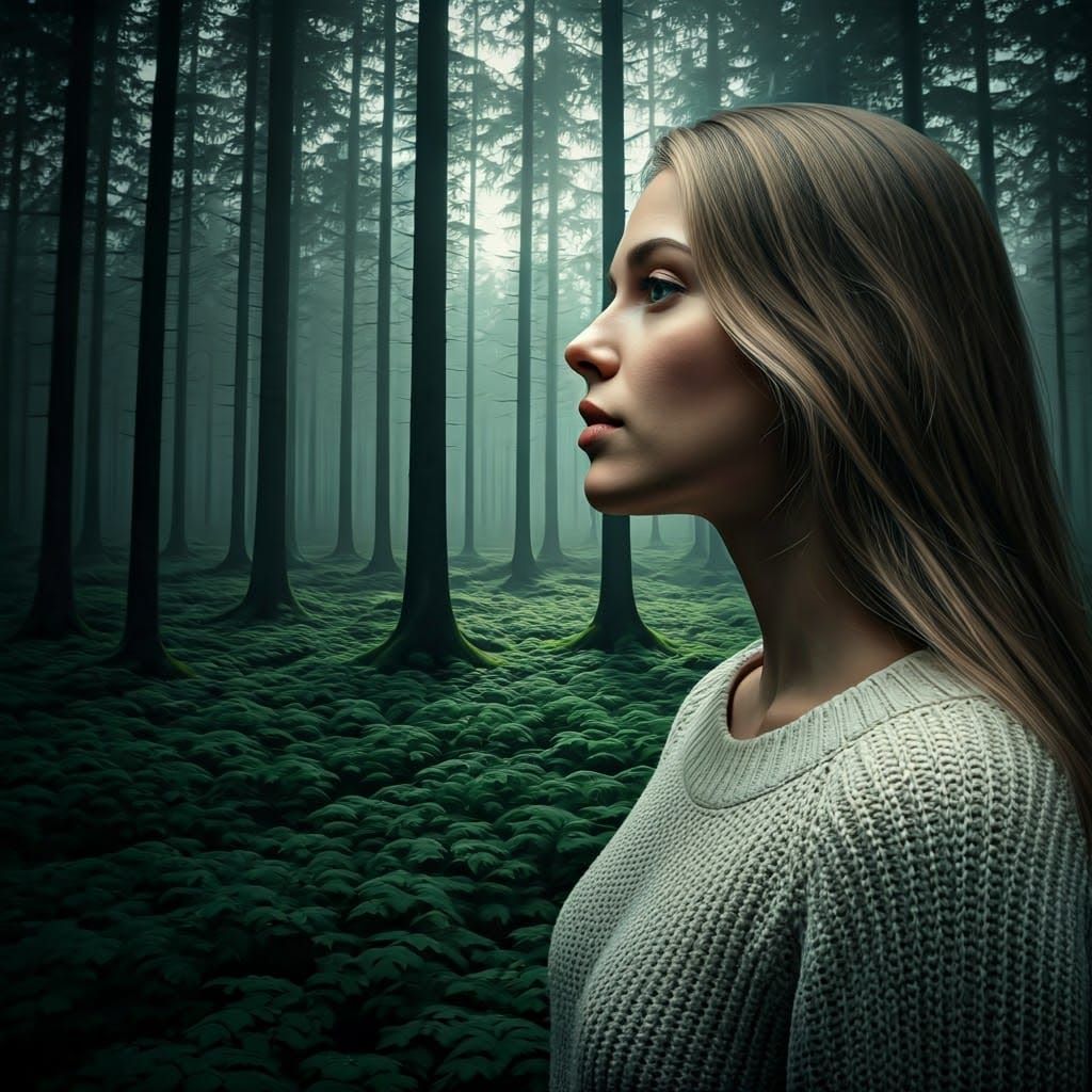 Woman and Forest Reflection: Hyperrealistic Digital Photogra...