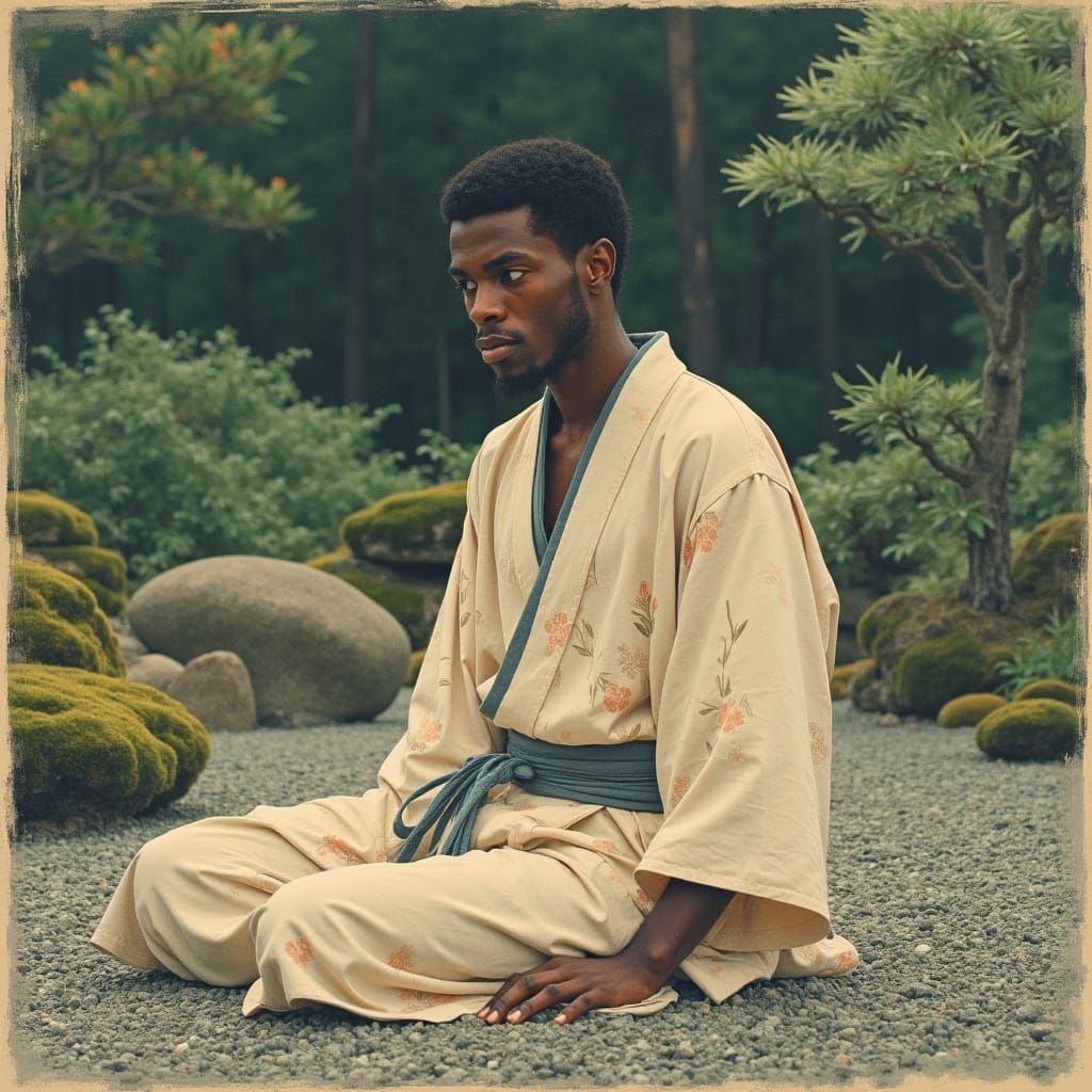 Serene Black Male in Traditional Japanese Zen Garden