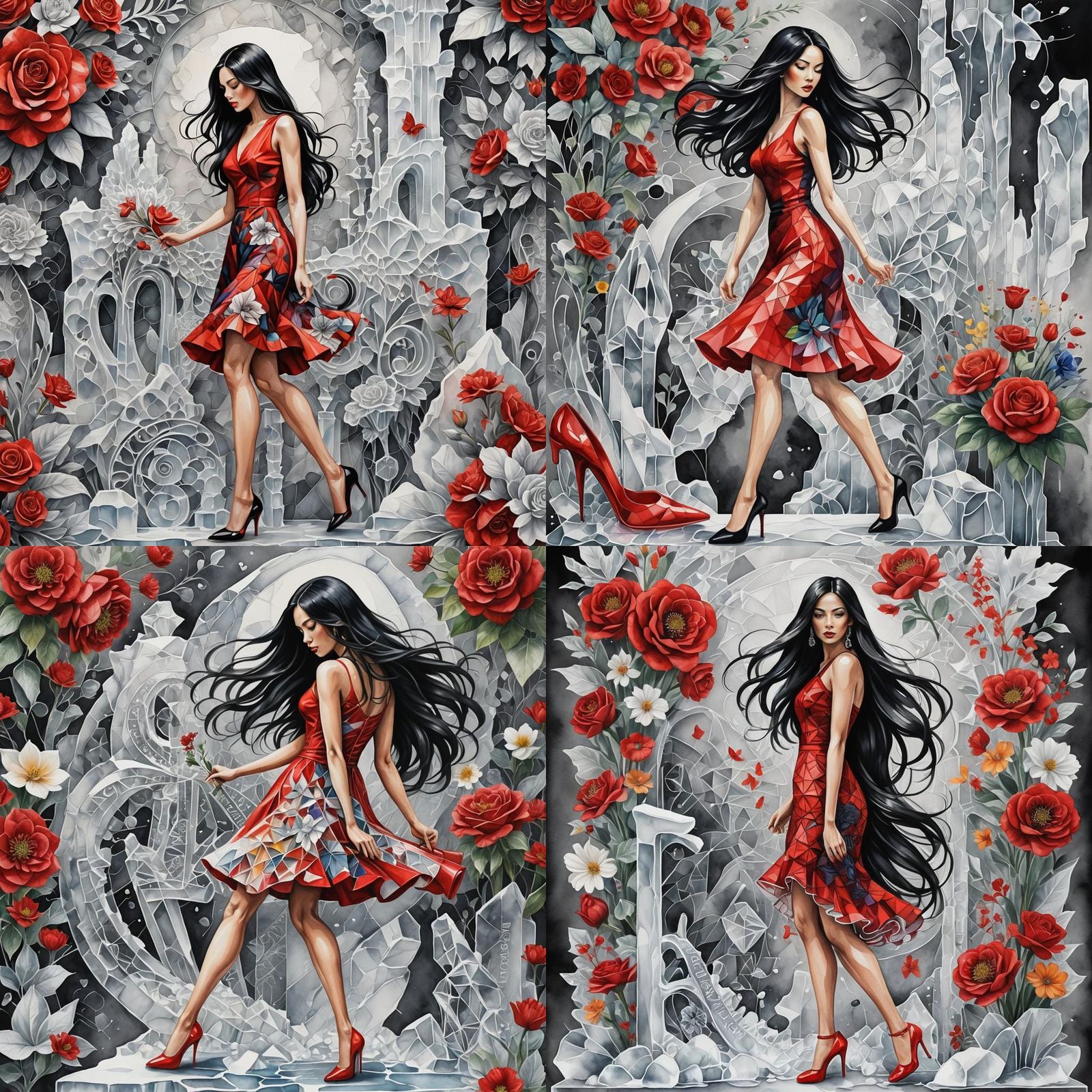 Woman in Red Dress Beside Ice Carving