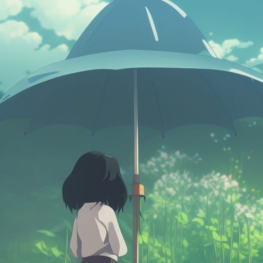 Anime Umbrella Scene in Ghibli Style