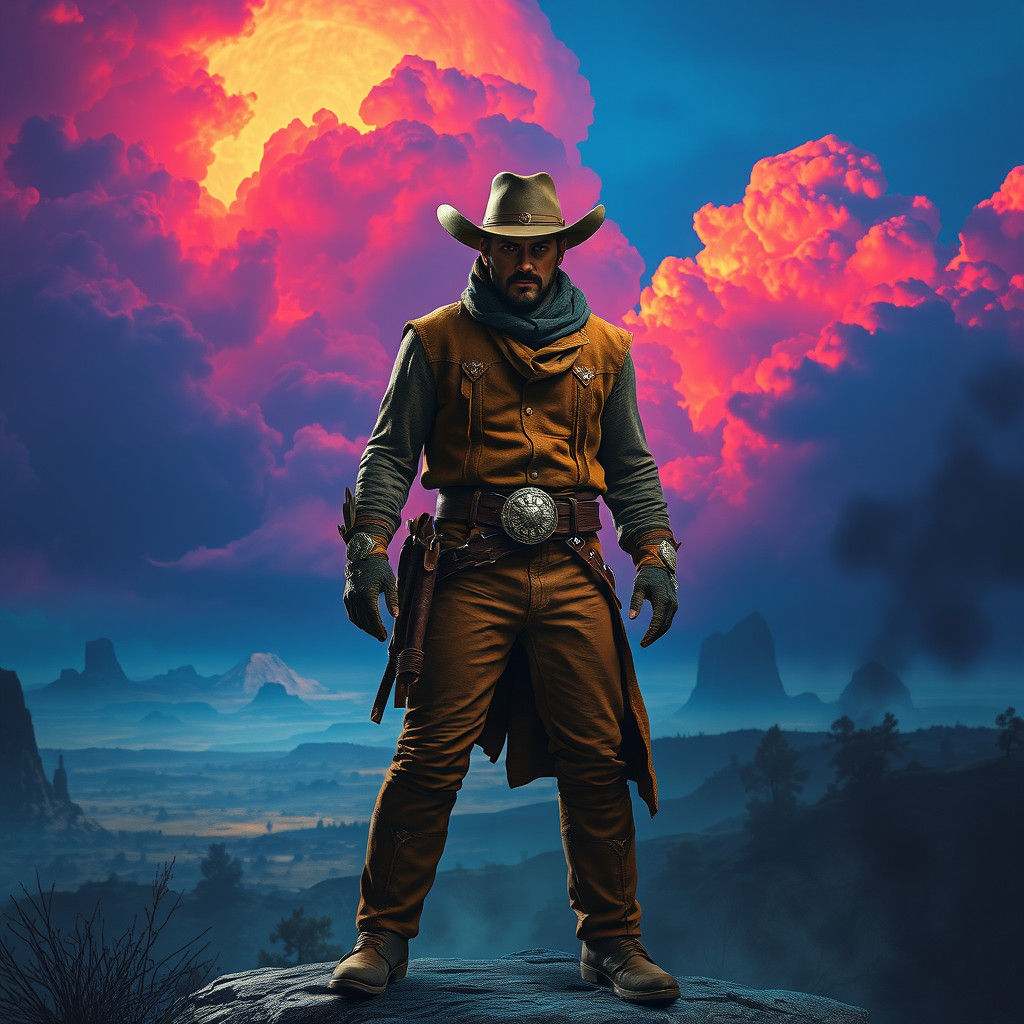 Lone Cowboy in Mystical Landscape, Dreamlike Fantasy