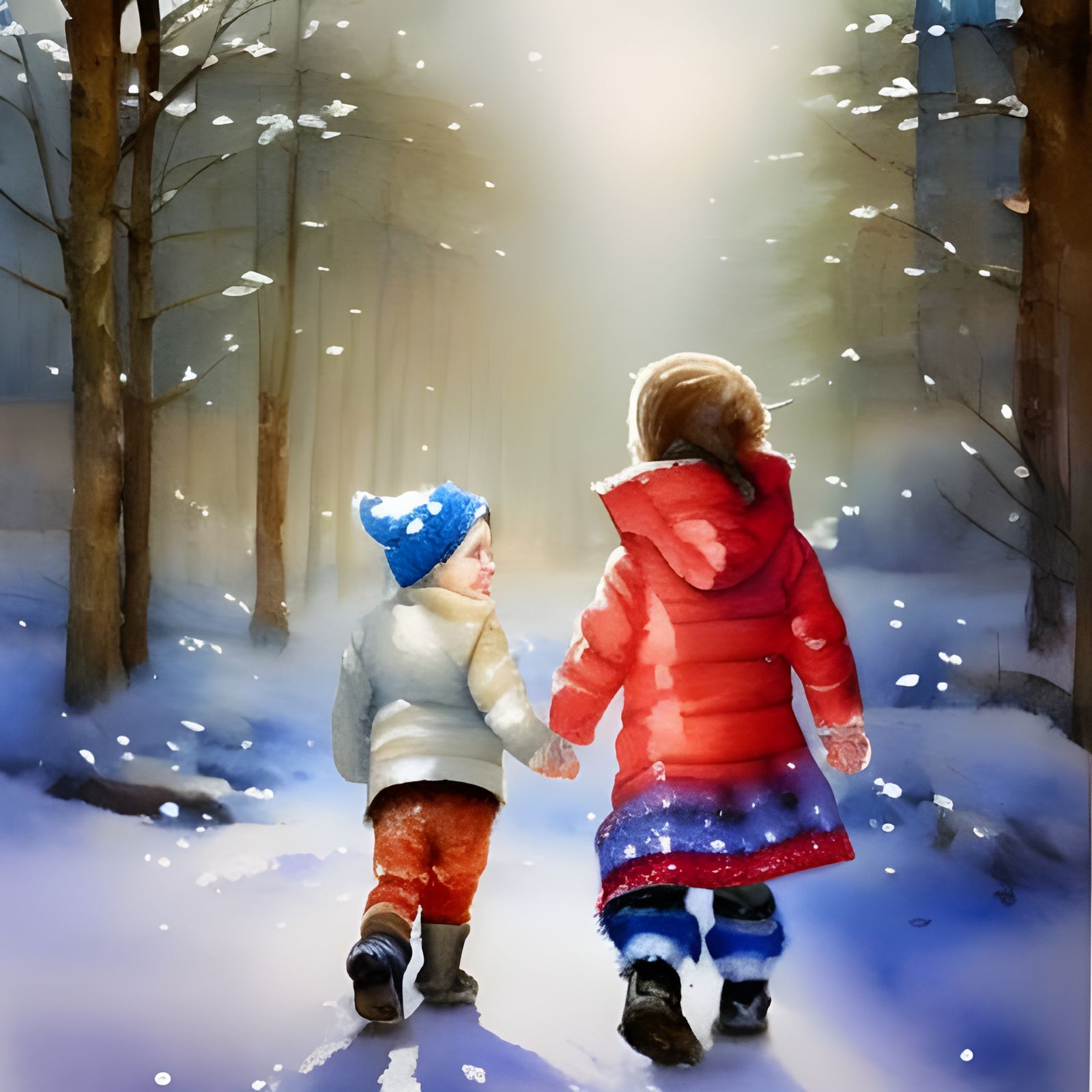 Cute Children in Winter Village, Watercolor Art