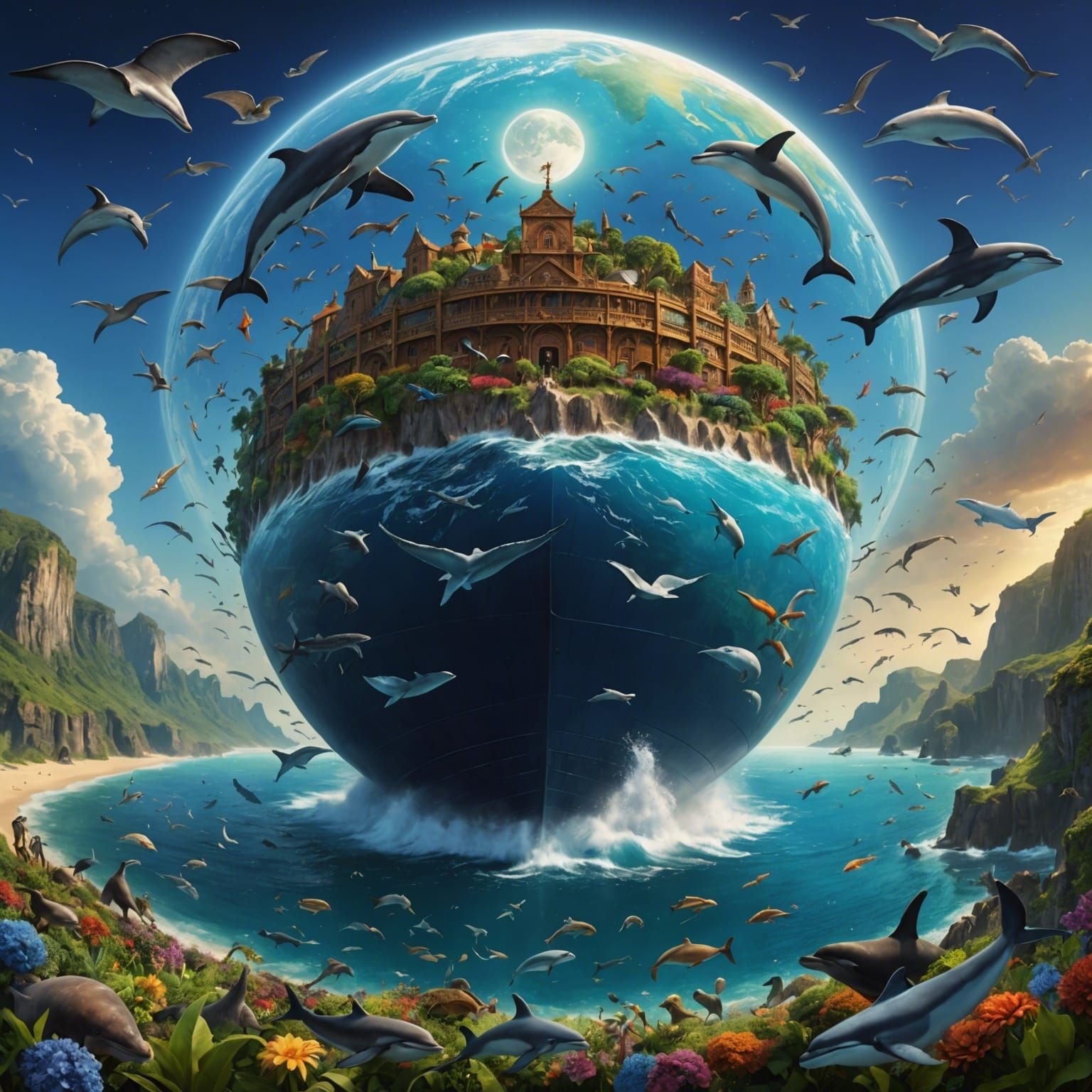 Hyperreal Mother Earth with Floating Animals