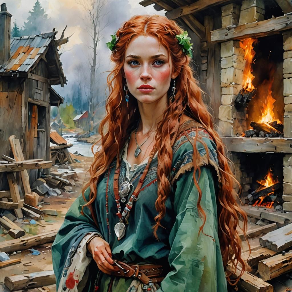 Norse Girl Chopping Wood in Watercolor Style