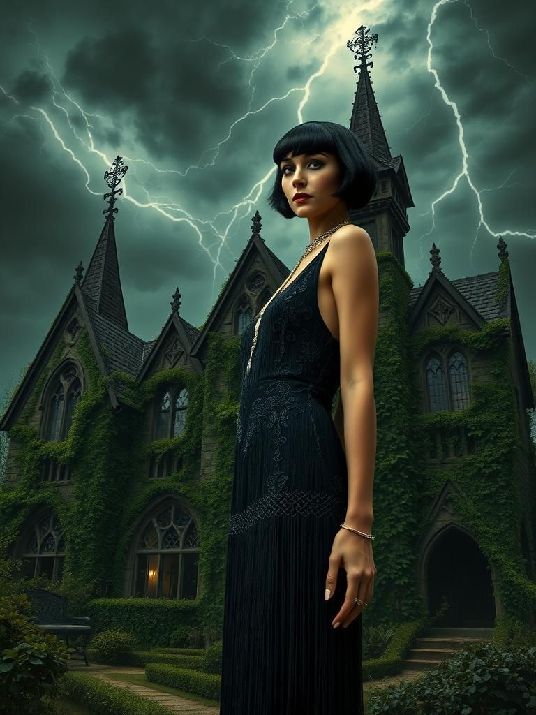 Flapper in Gothic Horror Landscape, Art Deco Style