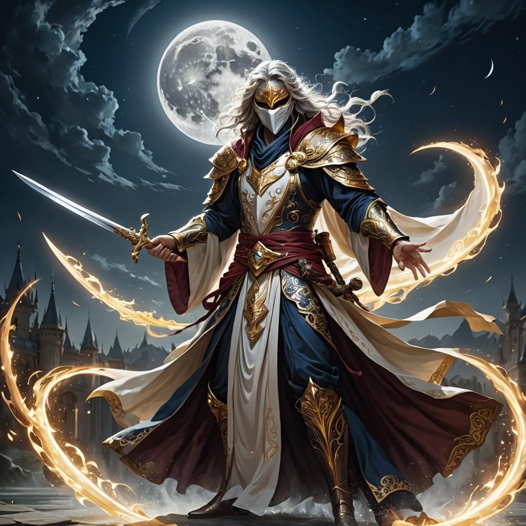 Battle Mage in Mask Wielding Ornate Blade