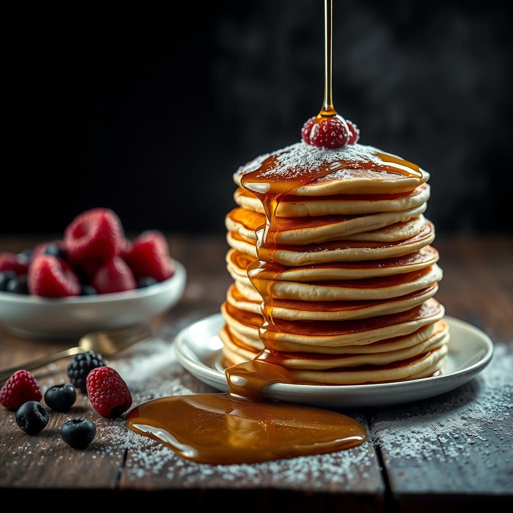 Golden Pancakes with Berries and Maple Syrup