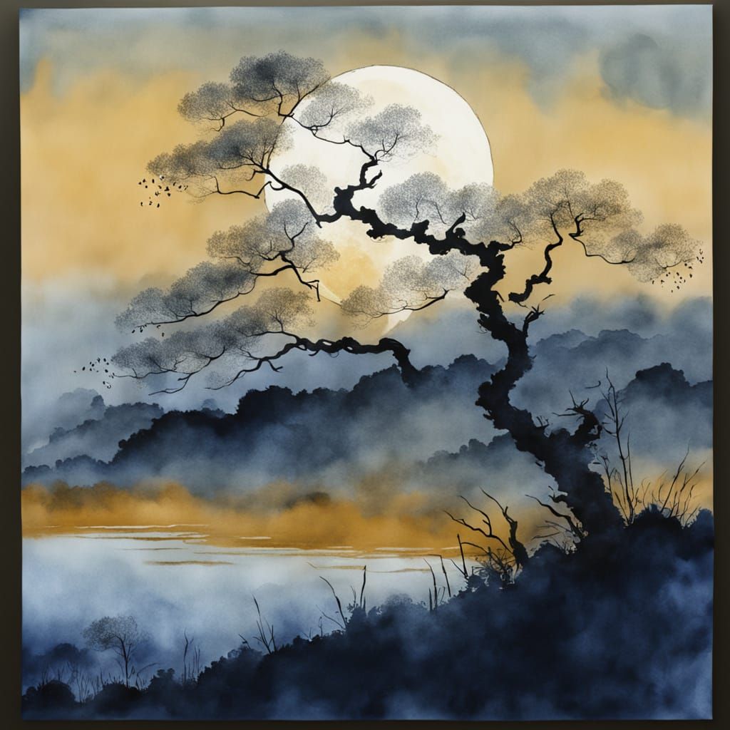 Ethereal Japanese Ink Painting of Moon and Poplar Tree