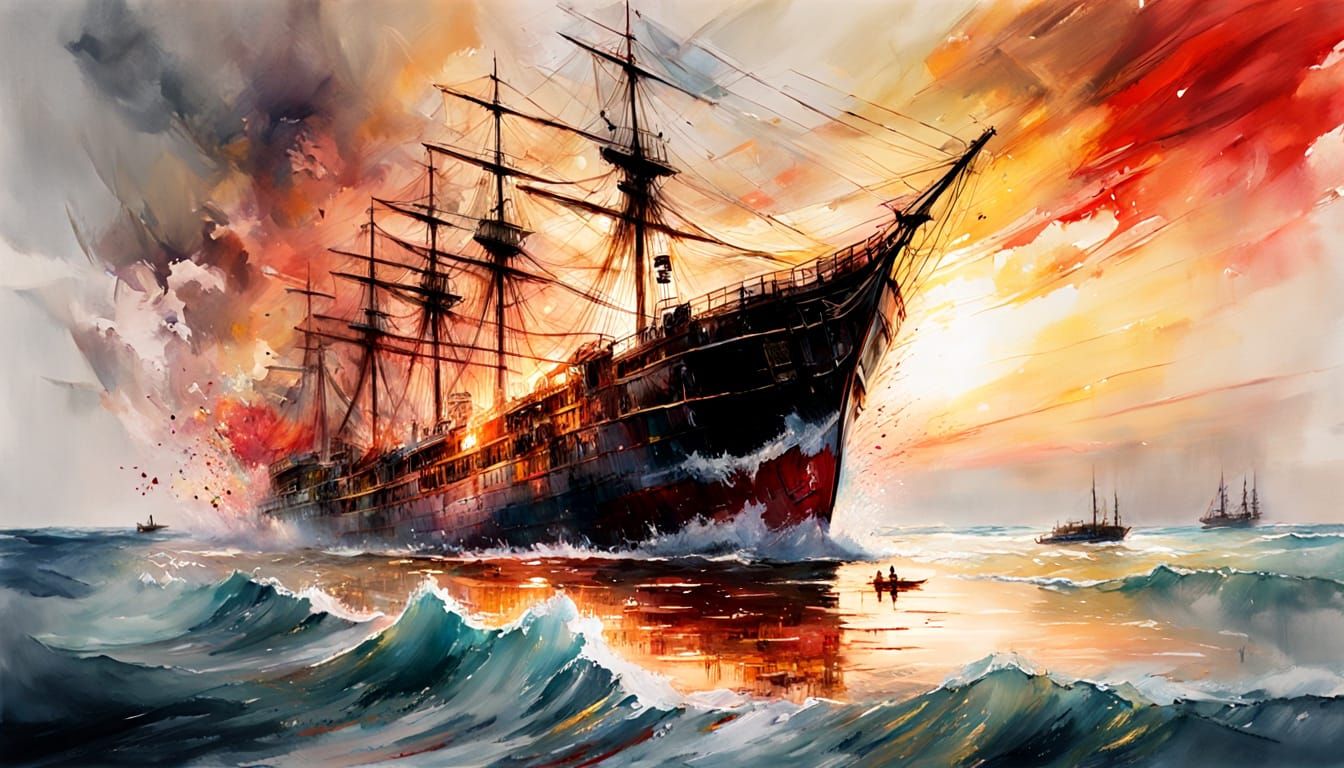 Ghost Ship Sails into Fiery Horizon: Watercolour Art