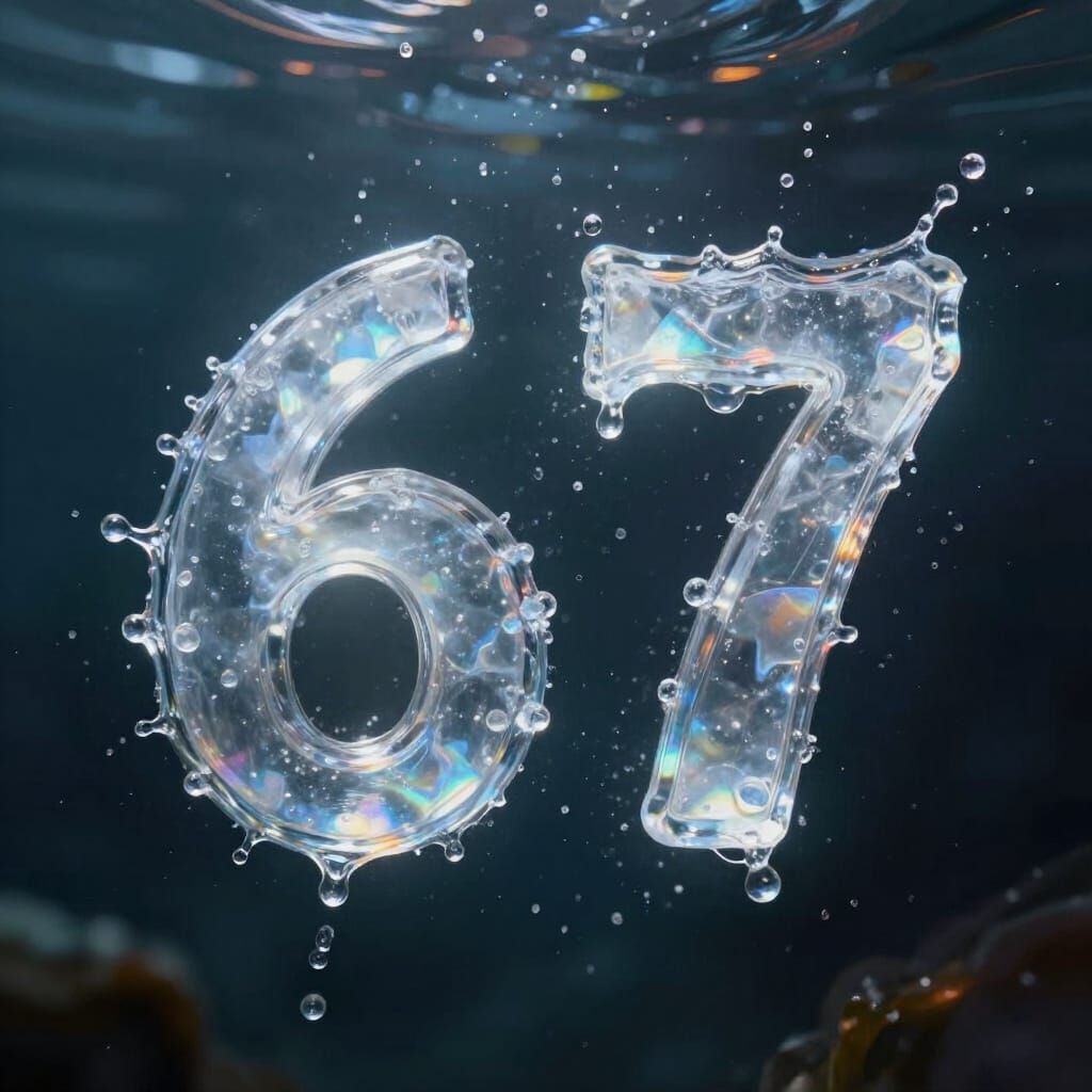 Number 67 Formed From Water Droplets in Frozen Splash