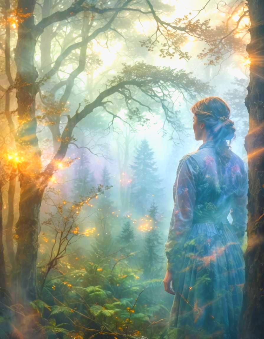 Ethereal Double Exposure of Girl in Misty Forest