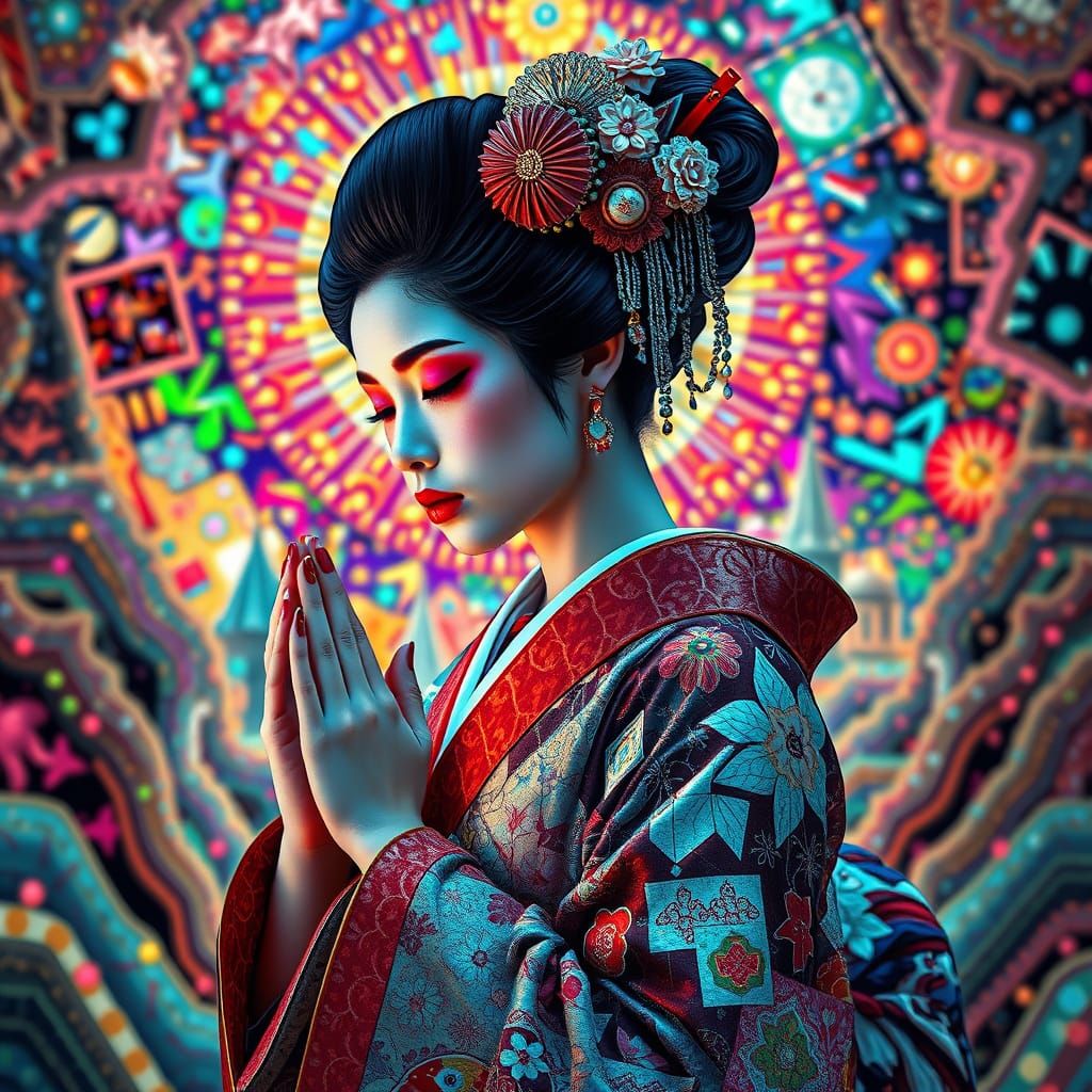 A beautiful young geisha praying in a dreamland.