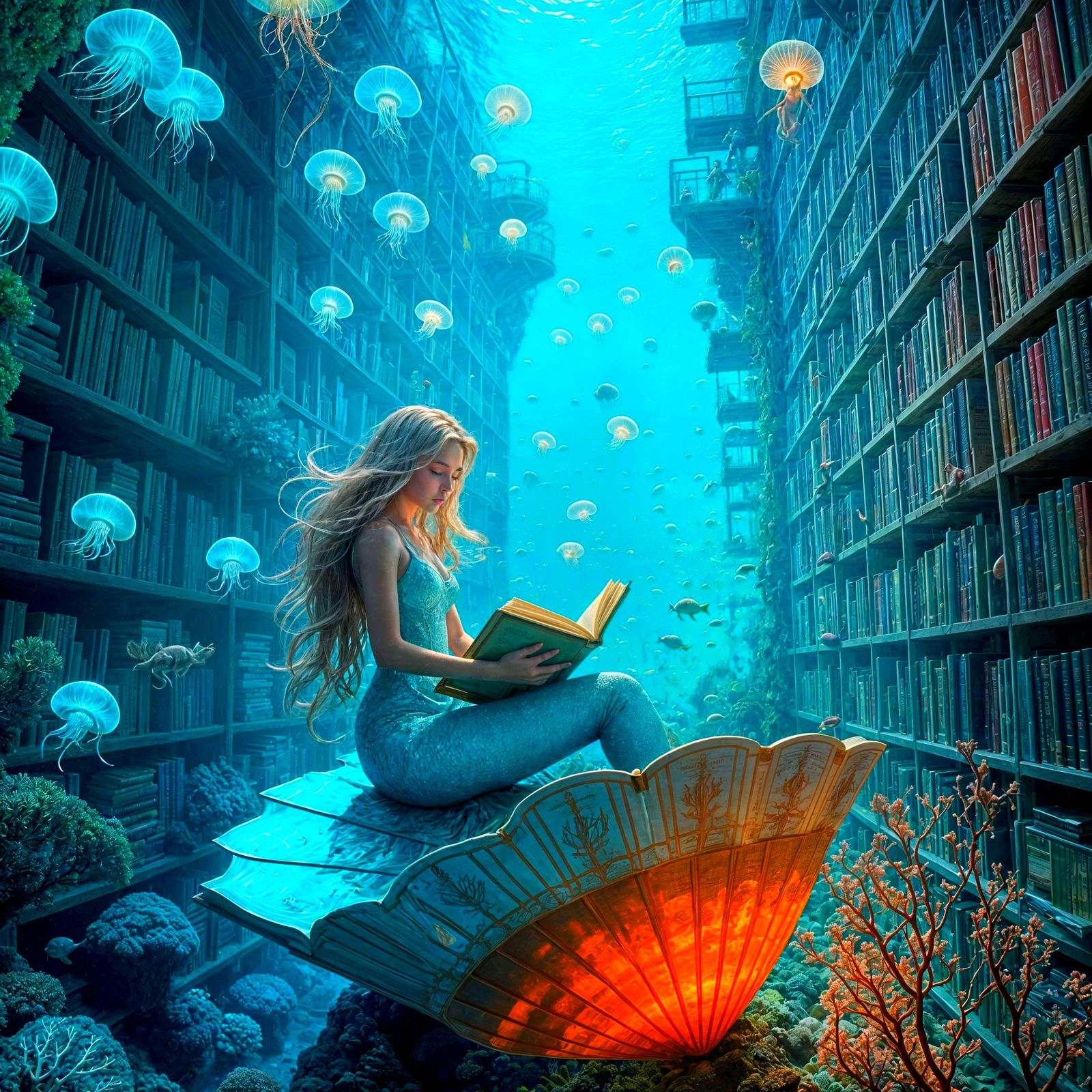 Enchanted Underwater Library with Mermaid Reader