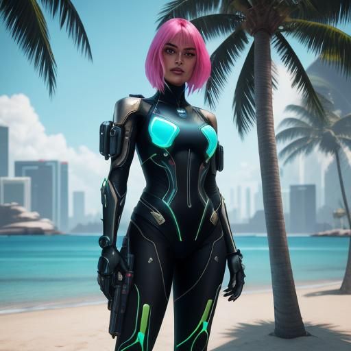 Futuristic Cyberpunk Woman Reading on Neon Beach