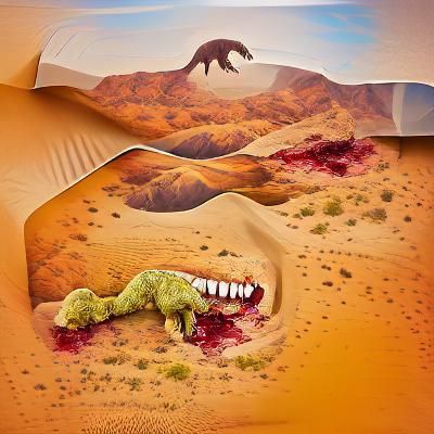 T Rex Devouring Prey in Barren Desert Landscape