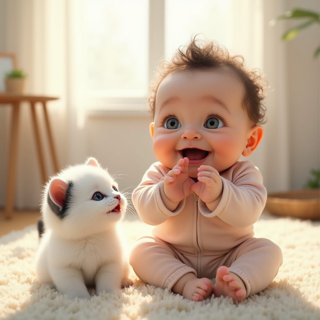 Joyful Baby and Kitten in Soft Daylight