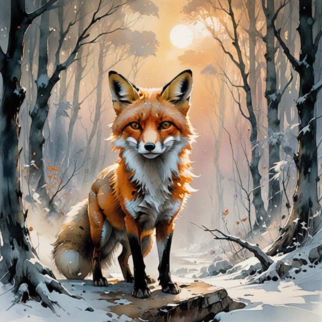 Ethereal Watercolour Art: Fox in Whimsical Winter Forest