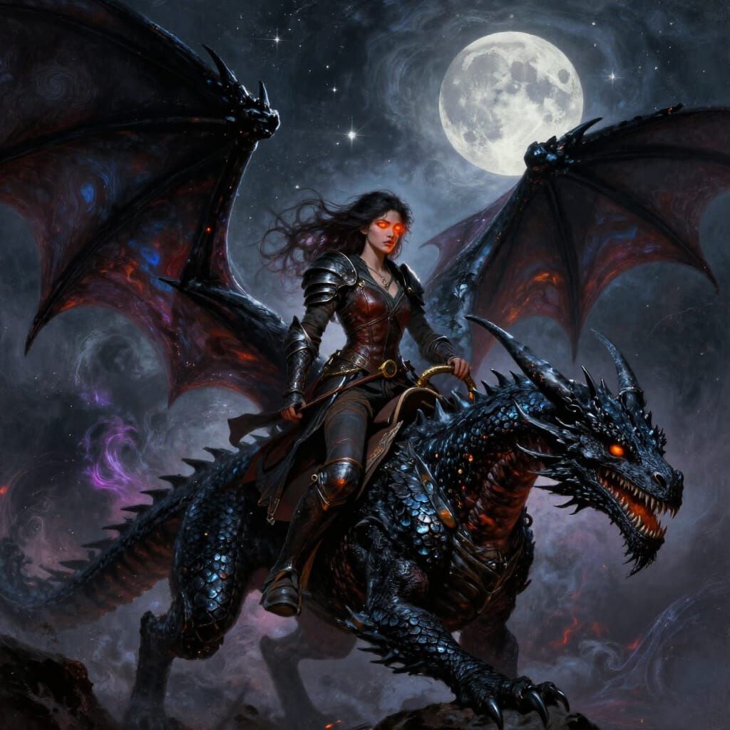 Dark Haired Warrior Rides Obsidian Dragon in Starry Sky