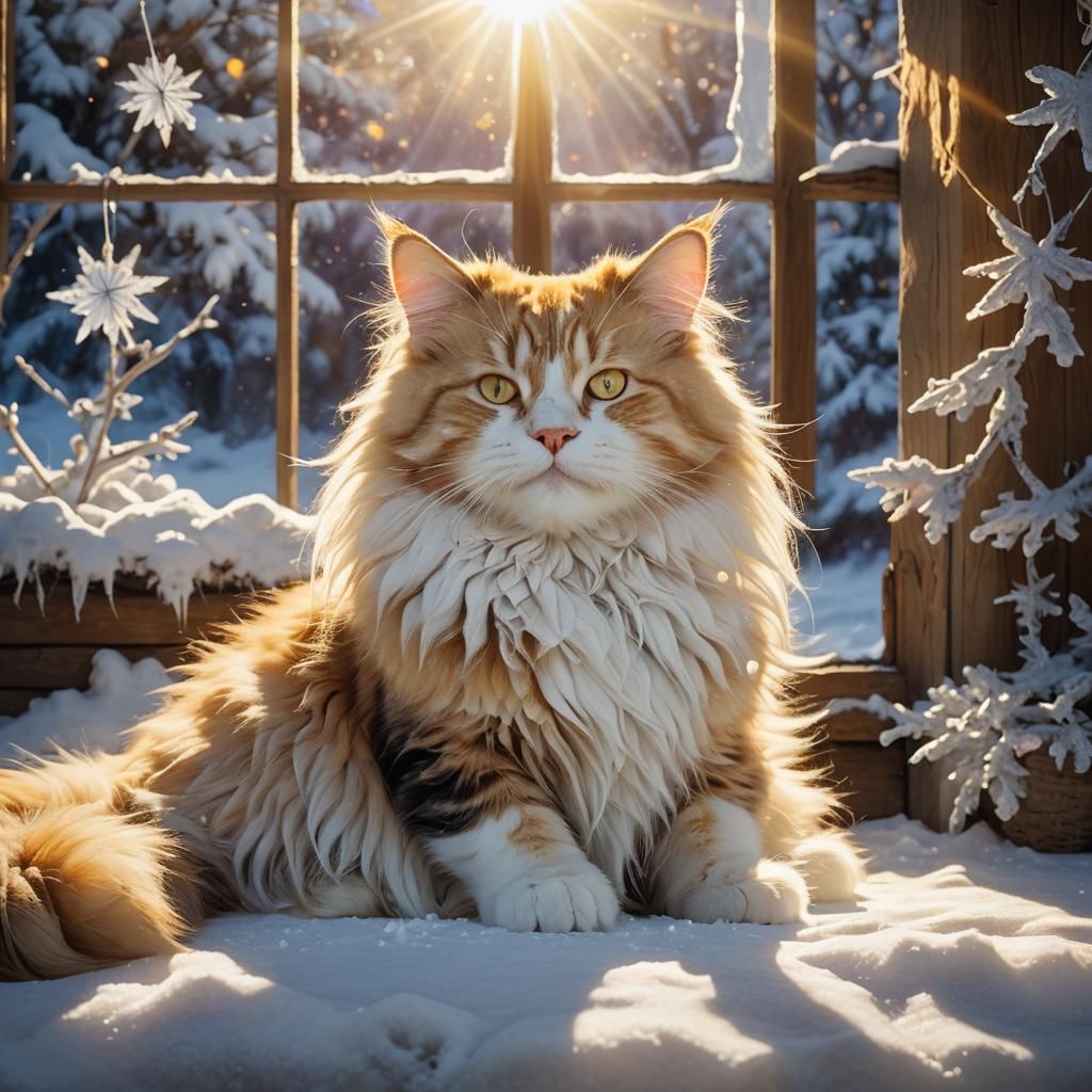 Cozy Norwegian Forest Cat in Winter Sunlight