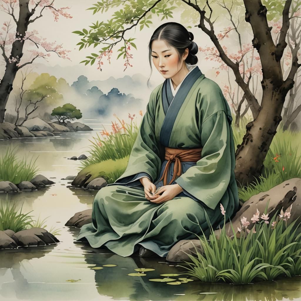 Serene Monk in Spring: Japanese Watercolor Painting