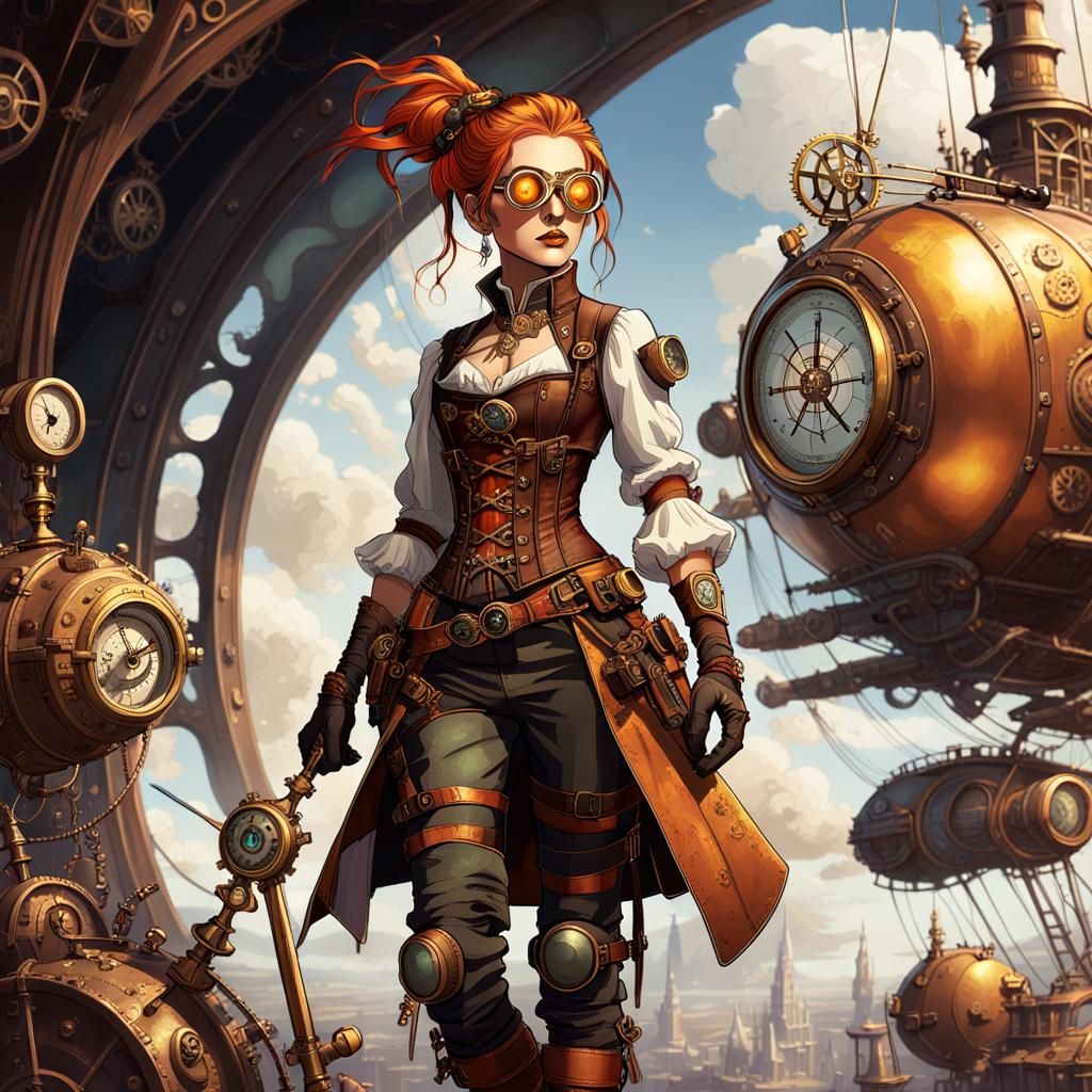 Steampunk Adventurer on Airship: Digital Art in 4K