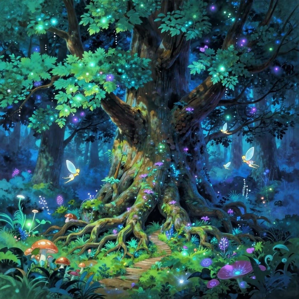 Ancient Bioluminescent Tree in Ethereal Forest