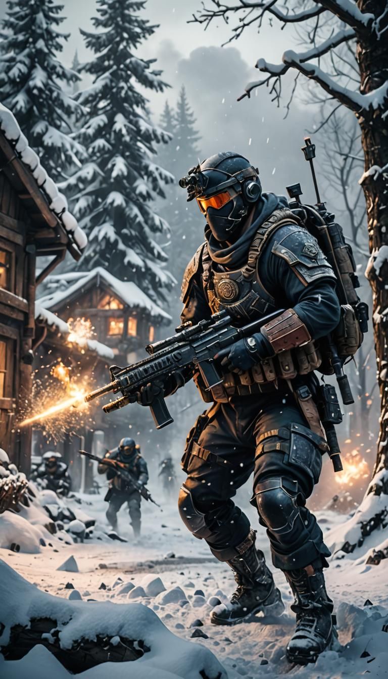 Winter Warrior Shooting in Snowy Landscape, Digital Art