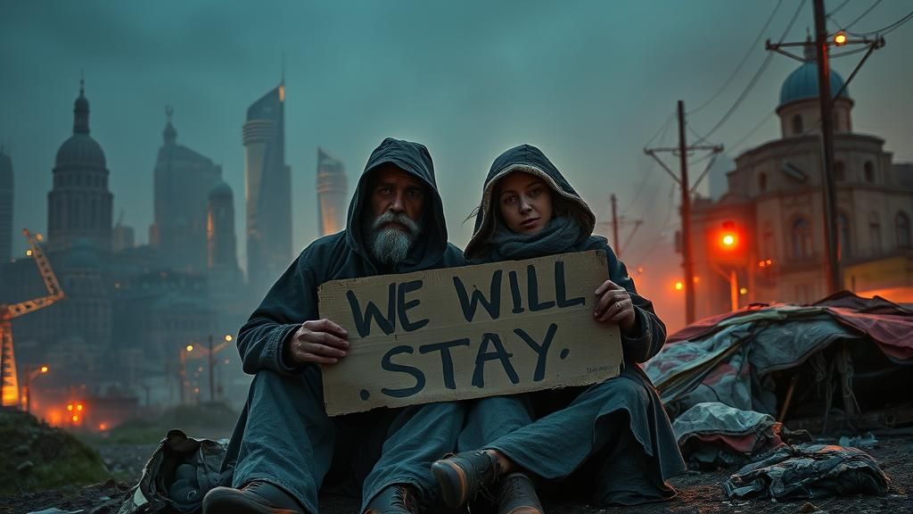 Dystopian Homeless Couple in Sci-Fi Cityscape