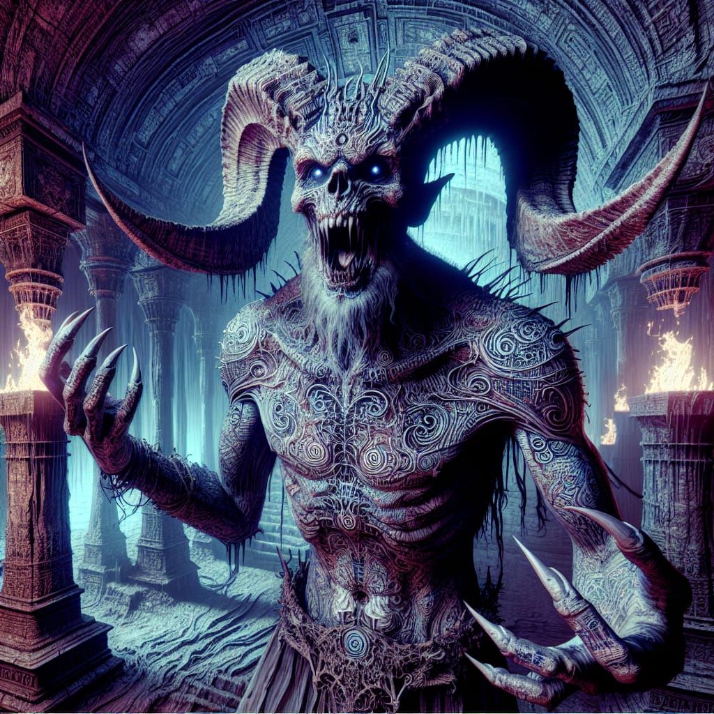 Terrifying Tattooed Demon with Ram Horns in 3D