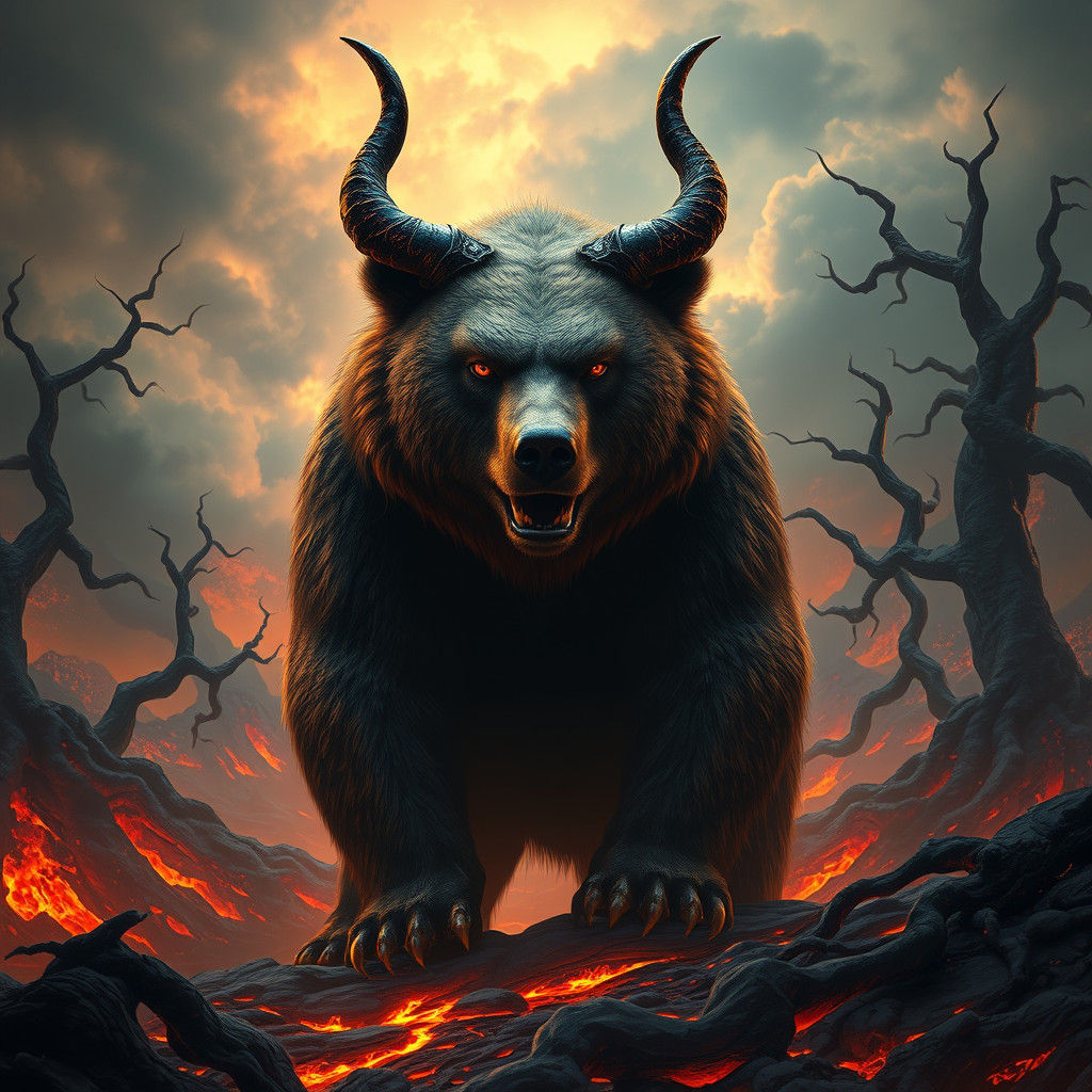 Demonic Bear in Hellish Landscape, Digital Matte Painting