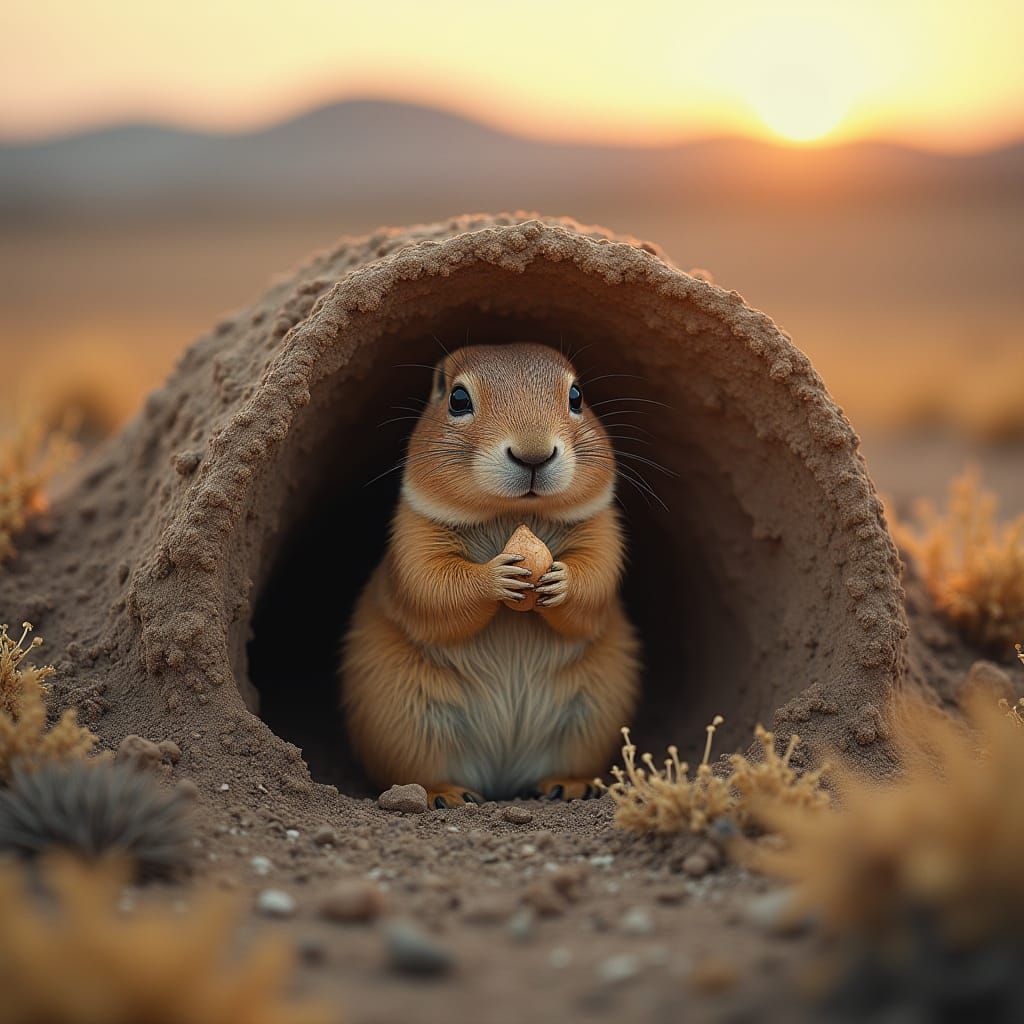 Prairie Dog in Badlands Burrow at Dawn