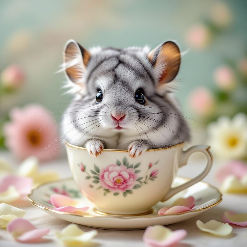 Chinchilla in Teacup with Flower Petals