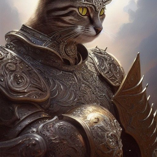 Armored Cat Fantasy Illustration in Hyperdetailed Style