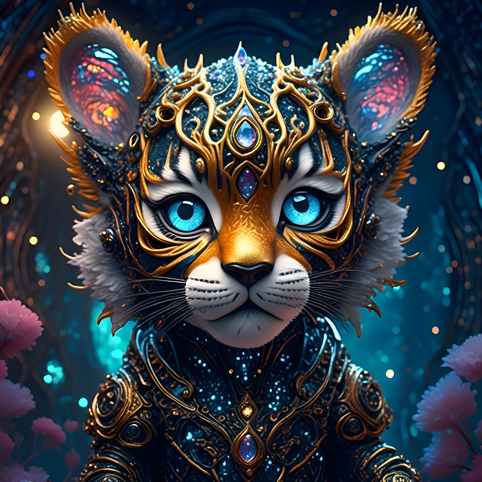 Chibi Tiger in Stained Glass Style Under Starry Sky