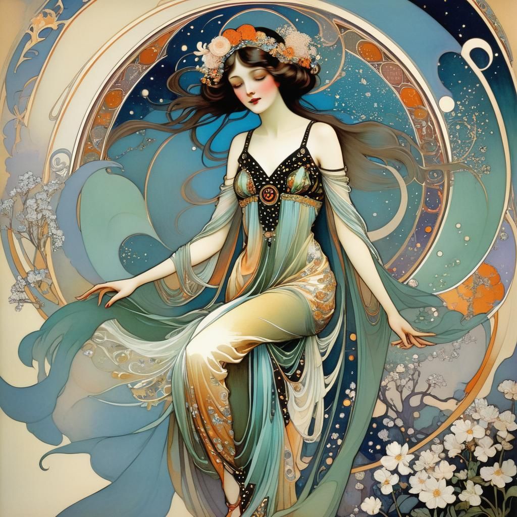 Elven Queen Illustration in Art Nouveau Style
