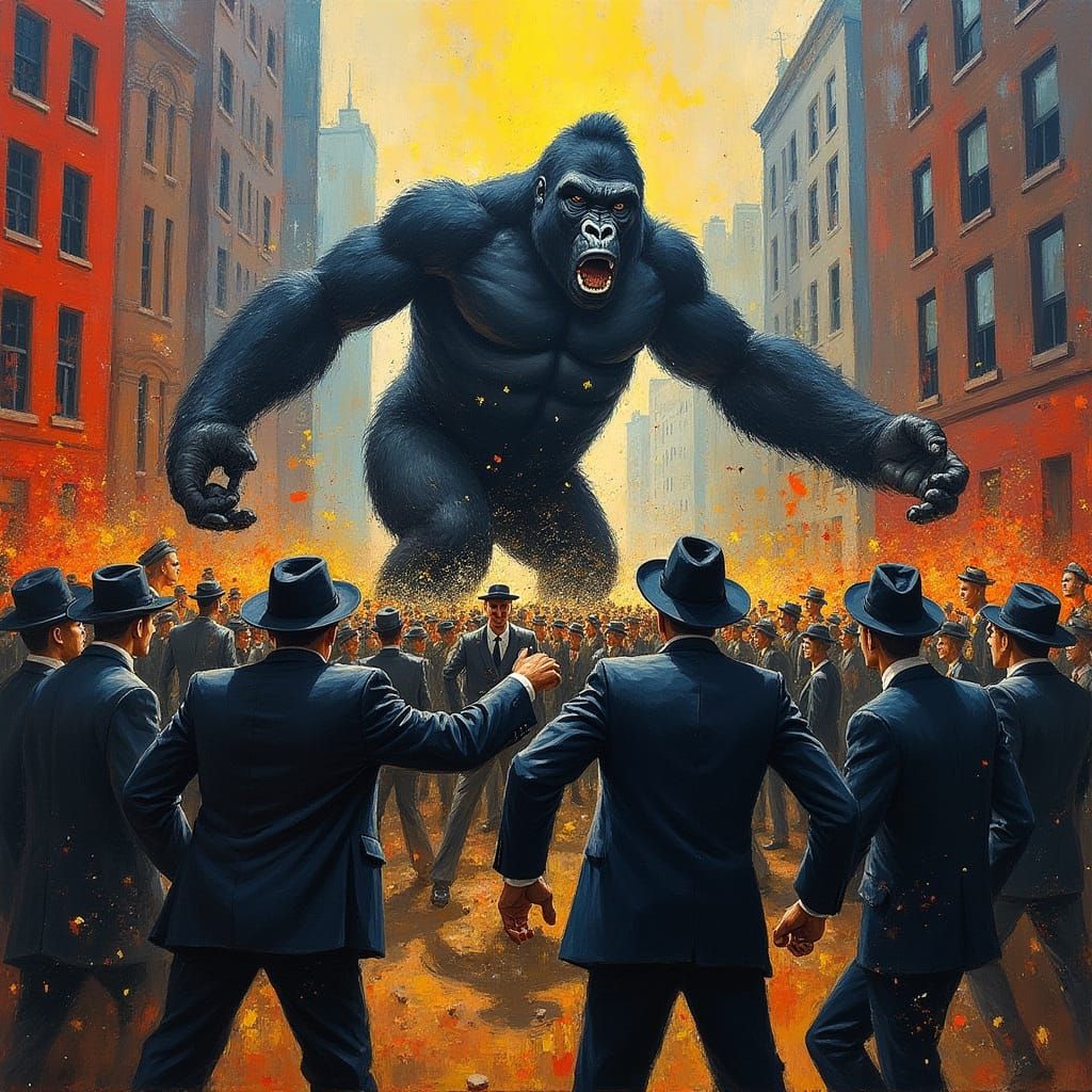 Men vs Gorilla Brawl in Expressionist Style